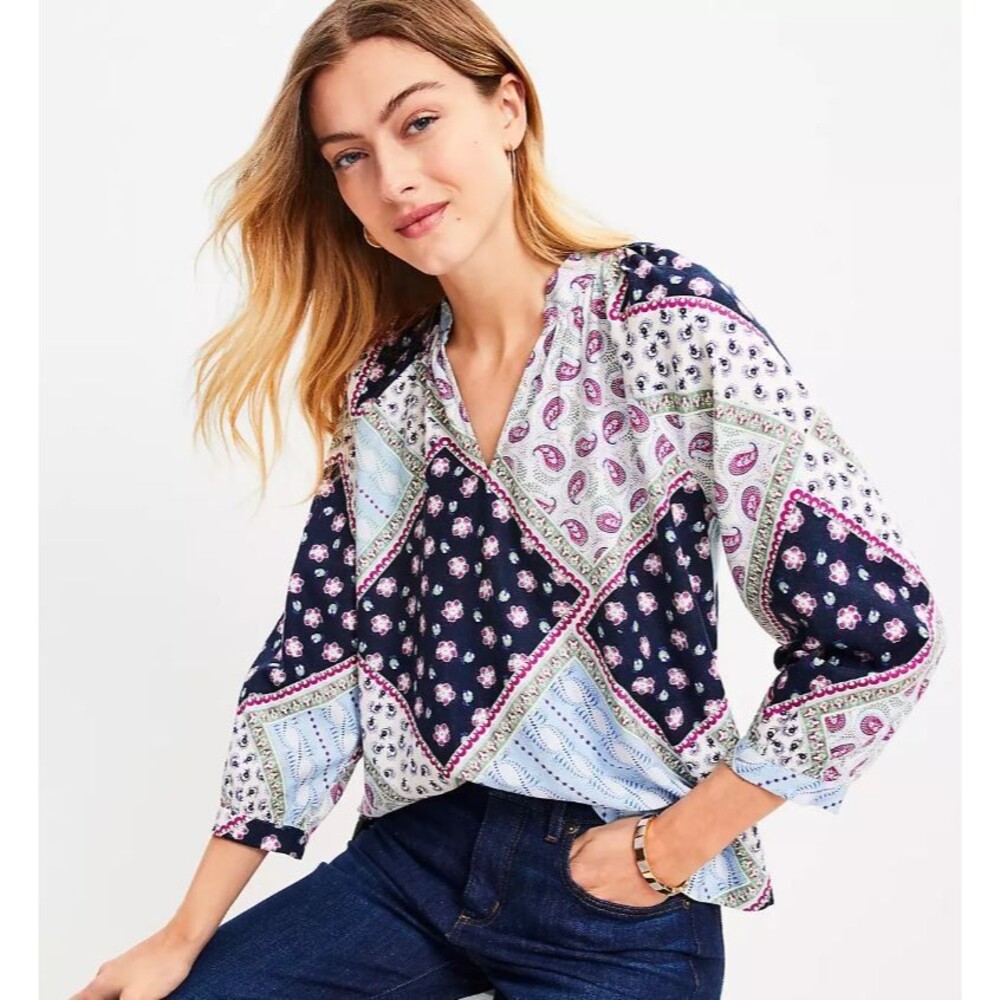 LOFT Linen Blend Navy Magenta Print V Neck Boho Peasant Blouse Top Sz M